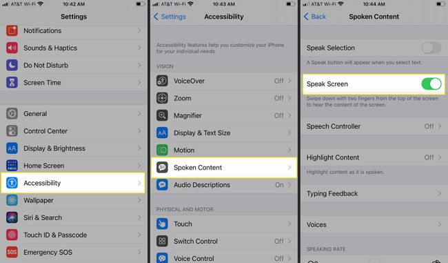 Configurações de acessibilidade do iPhone com conteúdo falado e tela falada destacados