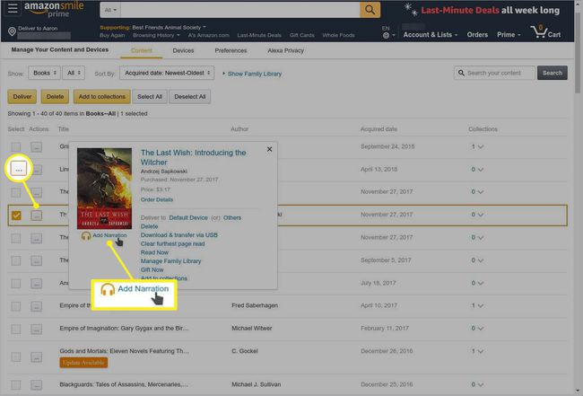 Amazon.com z podświetloną opcją Dodaj narrację
