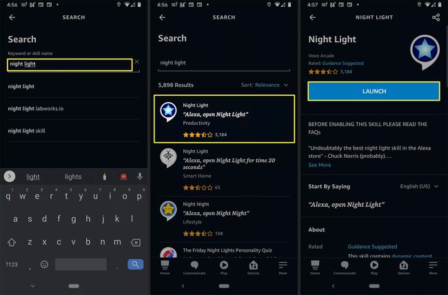 Lanserar färdigheten nattljus i Alexa-appen.