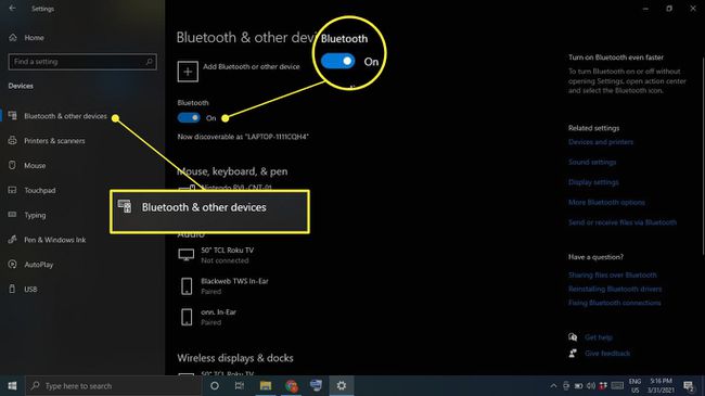 Windows 설정에서 Bluetooth 및 기타 장치의 Bluetooth 스위치