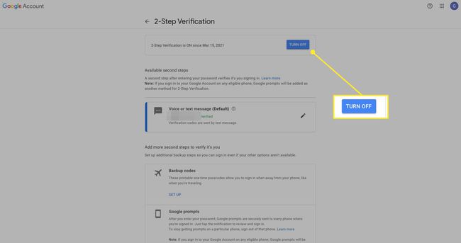 Configurações da verificação em duas etapas do Google com Desativar realçado
