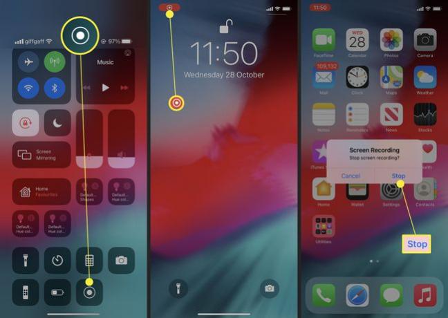 iPhone com botão de Gravação de Tela no Centro de Controle destacado, bem como o botão Parar Gravação