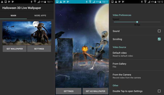 Las capturas de pantalla de la aplicación Halloween 3D Live Wallpaper de Cyber ​​Apps destacando la configuración y un esqueleto bailando por la pantalla