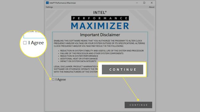 Accetto e continuo evidenziato nella schermata di configurazione di Intel Performance Maximizer