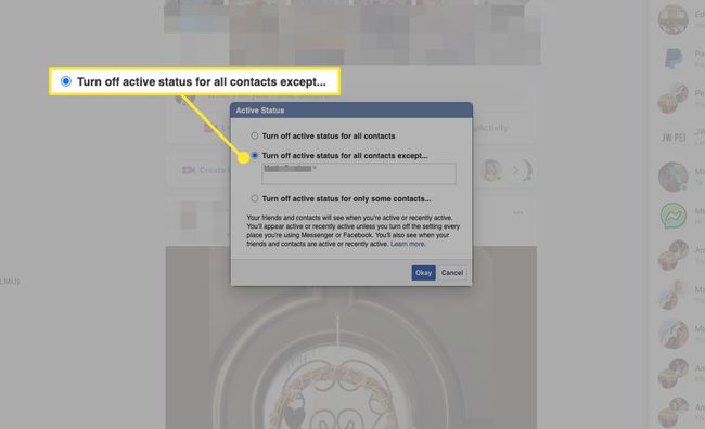 Одаберите Искључи активни статус за све контакте осим да неким људима омогућите да виде ваш статус на мрежи
