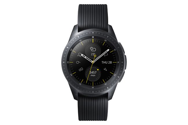 42 mm boyutunda siyah Samsung Galaxy Watch.