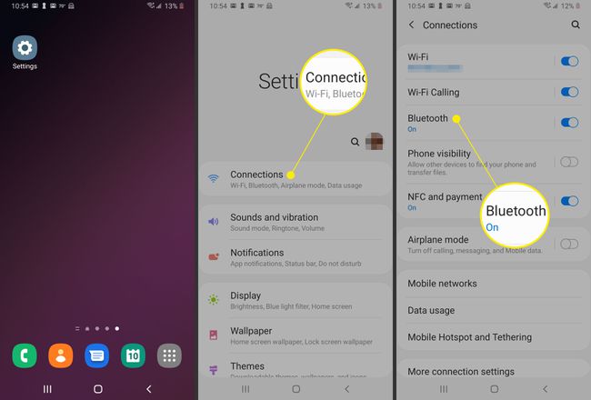 Posnetki zaslona navigacije do nastavitev Bluetooth v sistemu Android.