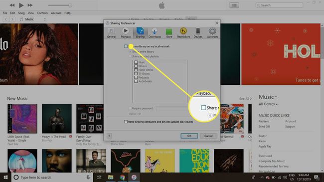 iTunes koplietošanas preferences ar iezīmētu izvēles rūtiņu Share Library