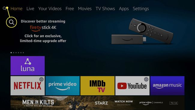 La pantalla de inicio de Fire TV con la lupa resaltada.