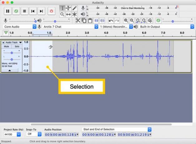 Audacity 소프트웨어에서 선택한 파형 섹션