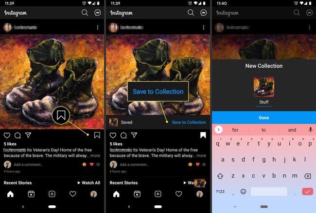 De nødvendige trin for at gemme et Instagram-opslag til en samling.