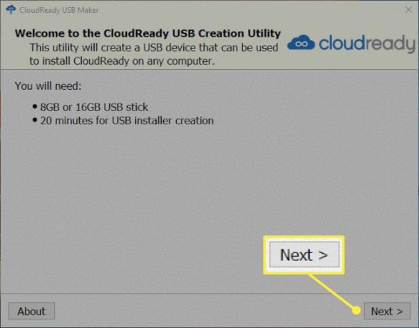 Das Cloudready-Installationsfenster mit hervorgehobener Schaltfläche Weiter