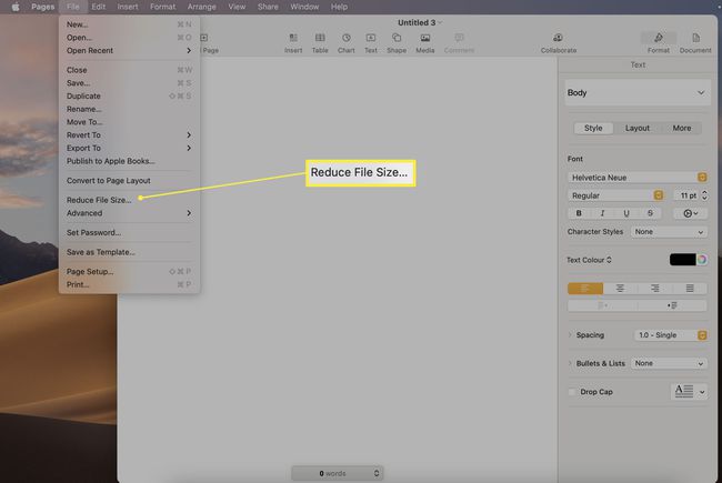[ファイル]メニューが開いていて[ファイルサイズの縮小]が強調表示されているMacOSのページ