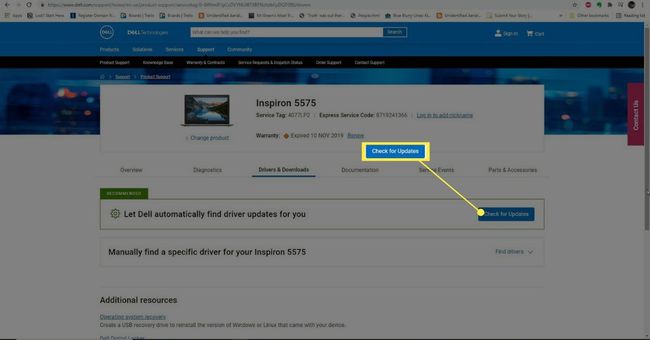 Tarkista päivitykset -painike Dellin ohjainsivulta.
