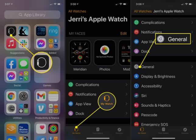 Ekrānuzņēmumi, kas parāda, kā lietotnē Apple Watch piekļūt opcijai Vispārīgi.