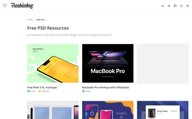 Web Freebiesbug zobrazující bezplatné zdroje PSD, jako jsou bezplatné makety Pixel 3 XL