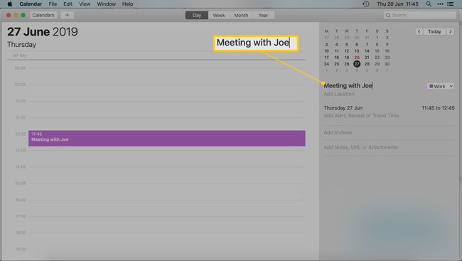 تطبيق تقويم Mac - إدخال اسم اجتماع أو موعد