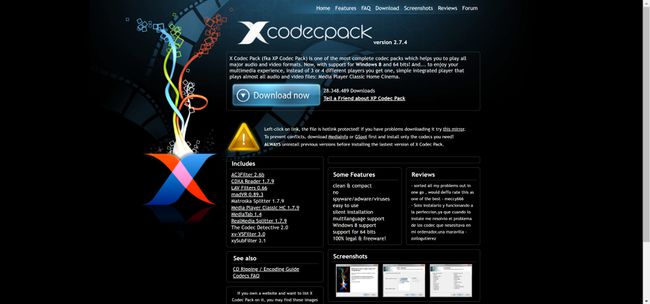 X Codec Packin kotisivu.