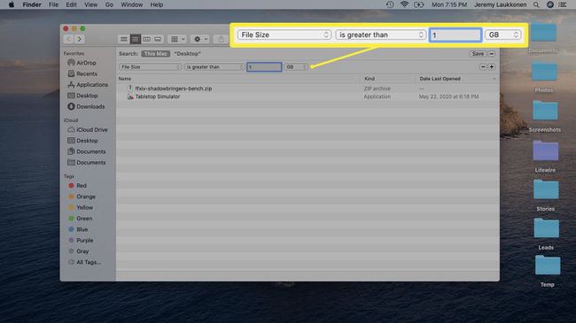 macOSでのFinderファイルサイズ検索のスクリーンショット。