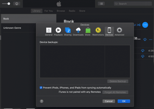captura de tela das preferências de dispositivos do iTunes no macOS