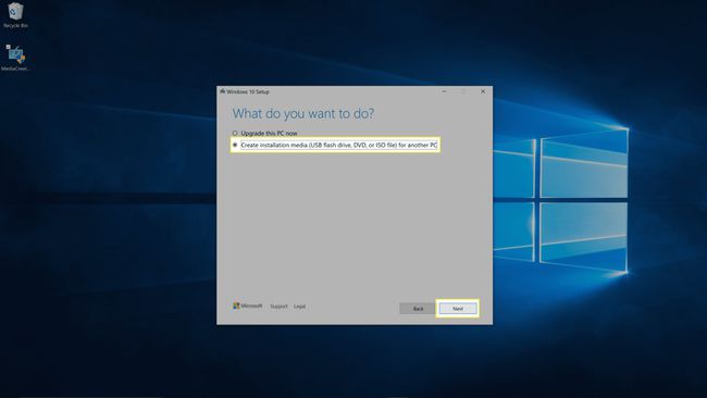 Windows MCT seçenekleri.
