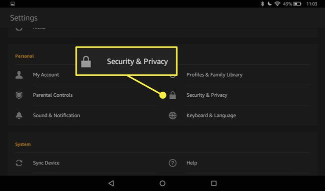 A Kindle Fire beállításai a Biztonság és adatvédelem opcióval kiemelve.