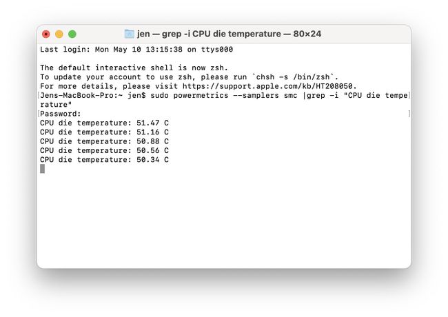 CPU温度が表示されたMacOSターミナル