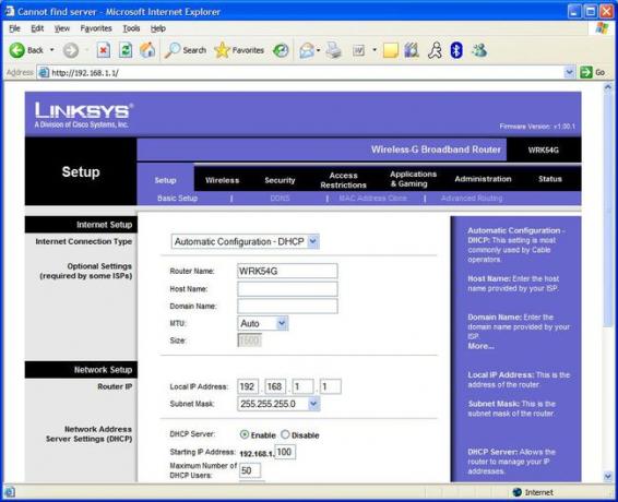 Αρχική σελίδα κονσόλας διαχείρισης δρομολογητή για ένα Linksys WRK54G