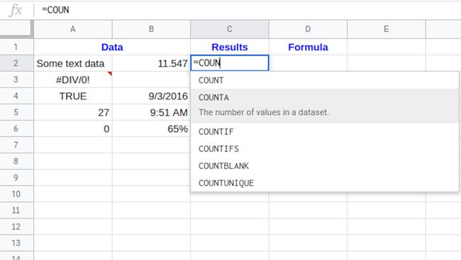 Google ชีตเข้าสู่ฟังก์ชัน COUNTA