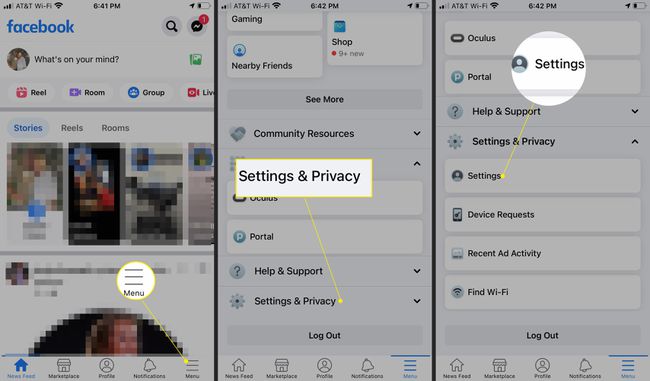 Мобильное приложение Facebook с выделением меню, настроек и конфиденциальности и настроек