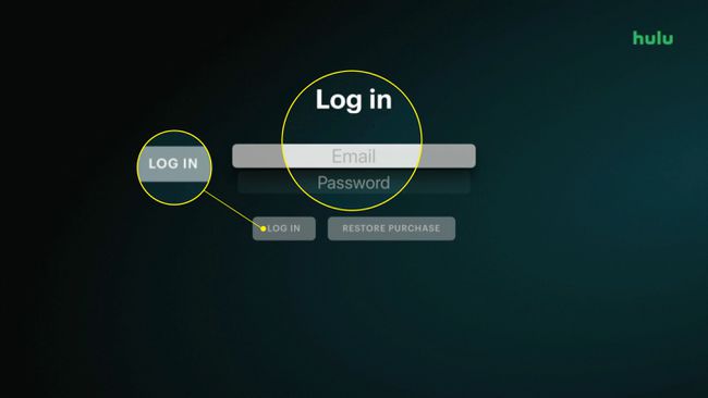La página Iniciar sesión en la aplicación Hulu con Iniciar sesión y los campos de contraseña de correo electrónico resaltados