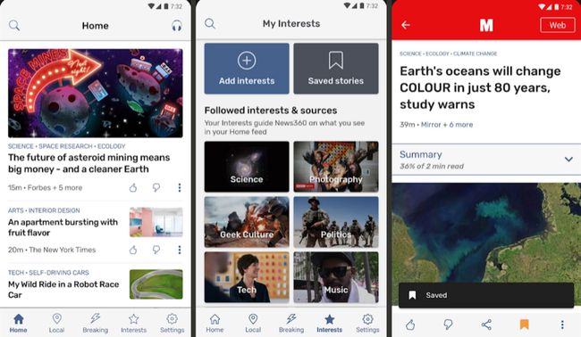 Android用News360の3つのスクリーンショット。