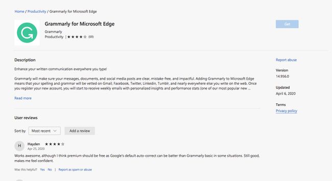 Página de detalles de la extensión Grammarly Edge