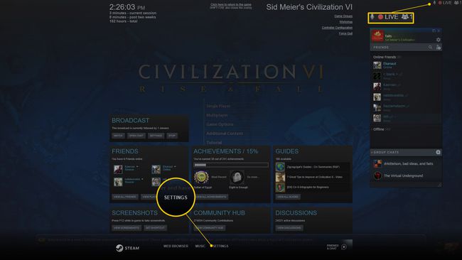 Sändningsinställningar och ikoner i Steam-överlägg