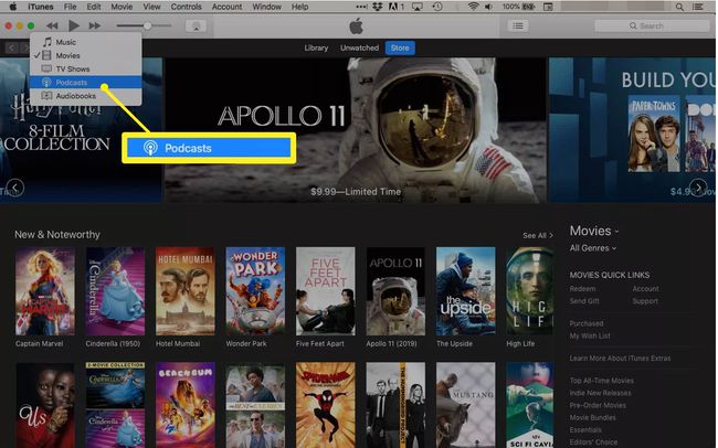 Podcasts destacados no menu do iTunes