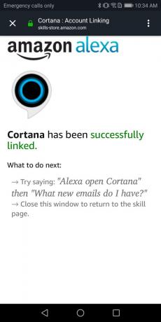 Captură de ecran care arată că Cortana a fost conectată cu succes la Alexa pe Android.