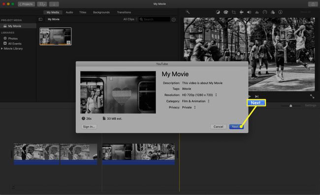 iMovie ar uznirstošo logu, kurā parādītas YouTube koplietošanas iespējas.