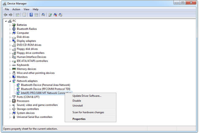 Captura de tela de um dispositivo de hardware do Windows 7 no Gerenciador de Dispositivos