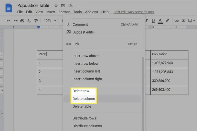 ตัวเลือกสำหรับการลบคอลัมน์และแถวในตาราง Google เอกสาร