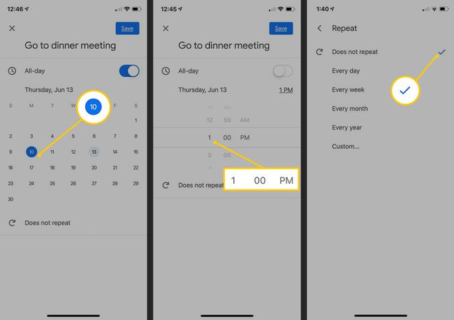 Dia, hora e caixa de seleção do calendário para Repetir no Google Reminders para celular