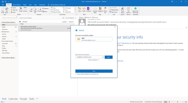 En Yahoo-mailkonto er blevet tilføjet til Outlook.