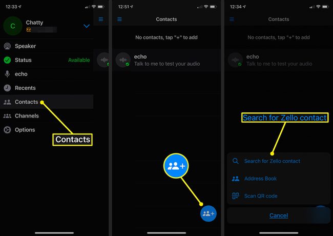Zello-App mit Bildschirmen zum Hinzufügen von Kontakten