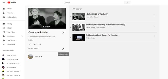 Gumb Uredi opis na seznamu predvajanja YouTube.