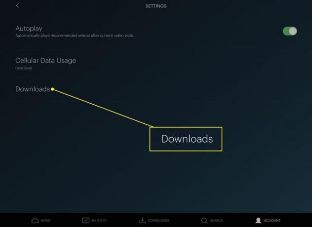 ダウンロードオプションが強調表示されたHuluの設定ページのスクリーンショット