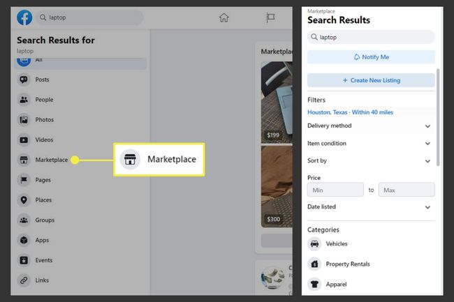 Facebook-sökning - Marketplace-filter