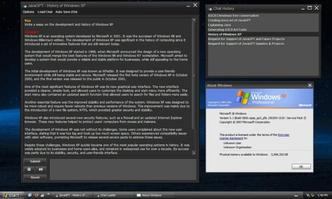 JavaGPT ซึ่งเป็นไคลเอ็นต์ ChatGPT บน Windows Vista