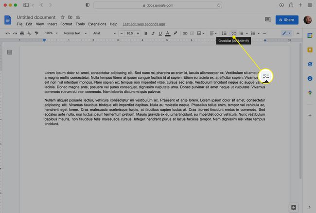 Selecionando o ícone Lista de verificação na barra de ferramentas do Google Docs