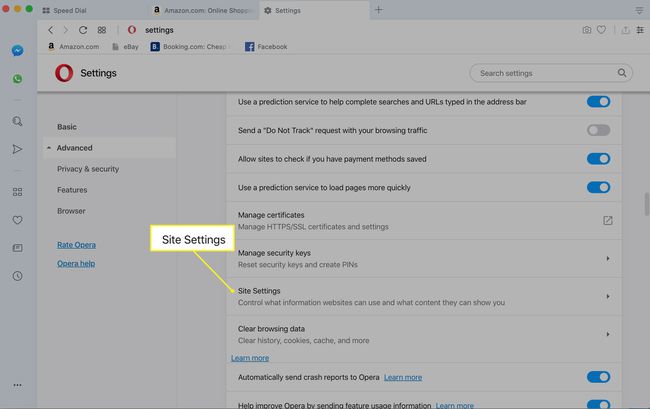 Configuración avanzada de Opera con la configuración del sitio resaltada
