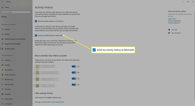 Etkinlik geçmişimi Microsoft'a gönder.