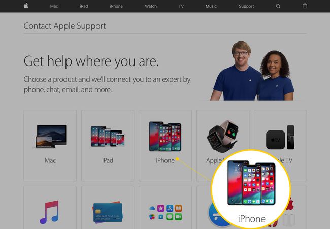 iPhoneを強調表示した、AppleサポートWebサイトの「現在の場所でヘルプを入手する」製品選択セクション。